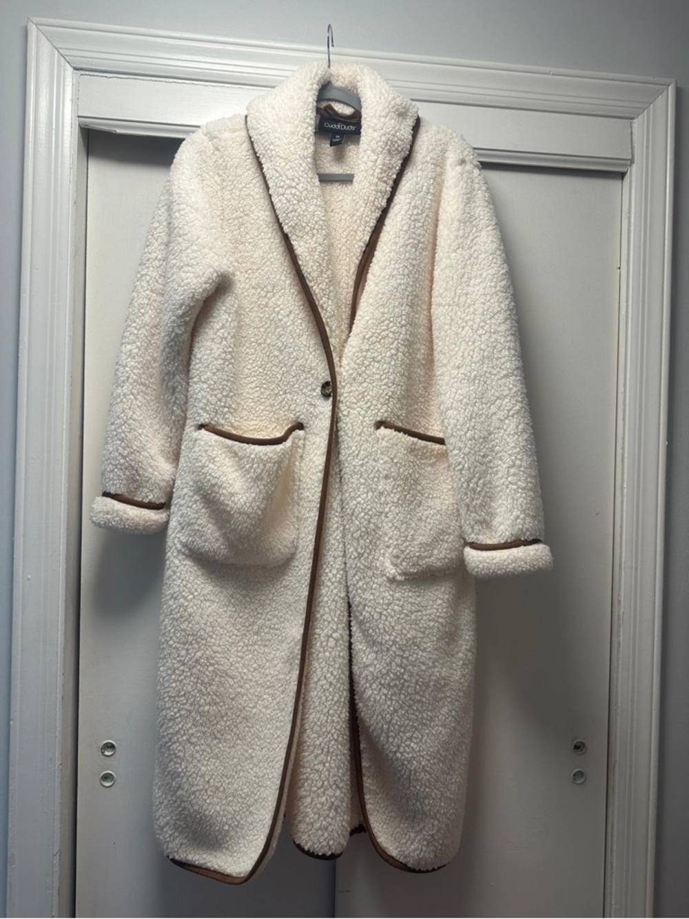 Cuddl Duds Cream Teddy Coat with Brown Trim